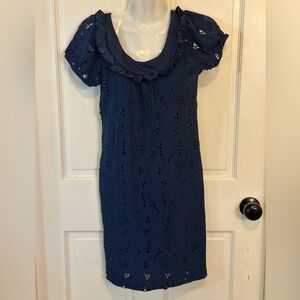 LU LU LAME Made in the USA Eyelet Lace with Silk trim and cap sleeves. blue SzXS